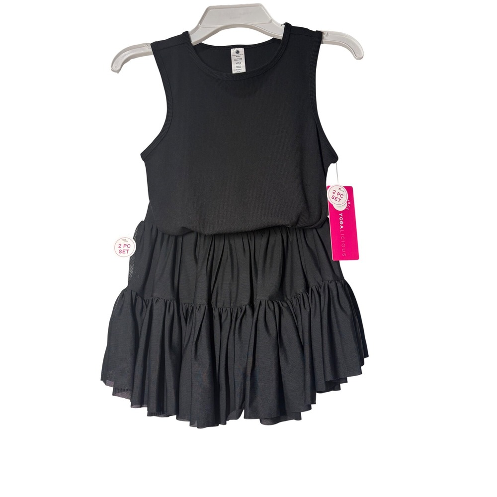 Yogalicious NWT Girls Heavenly Rib Bloom Tank/Mesh Skort 2pc Set Black M/10